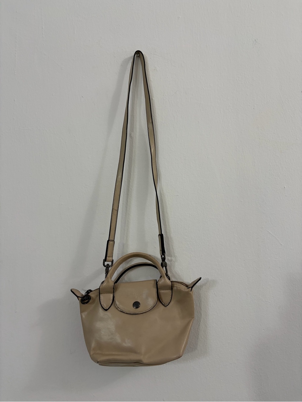 Longchamp Le Pliage Cuir XS Beige Leather Crossbody Mini Top Handle Satchel Bag